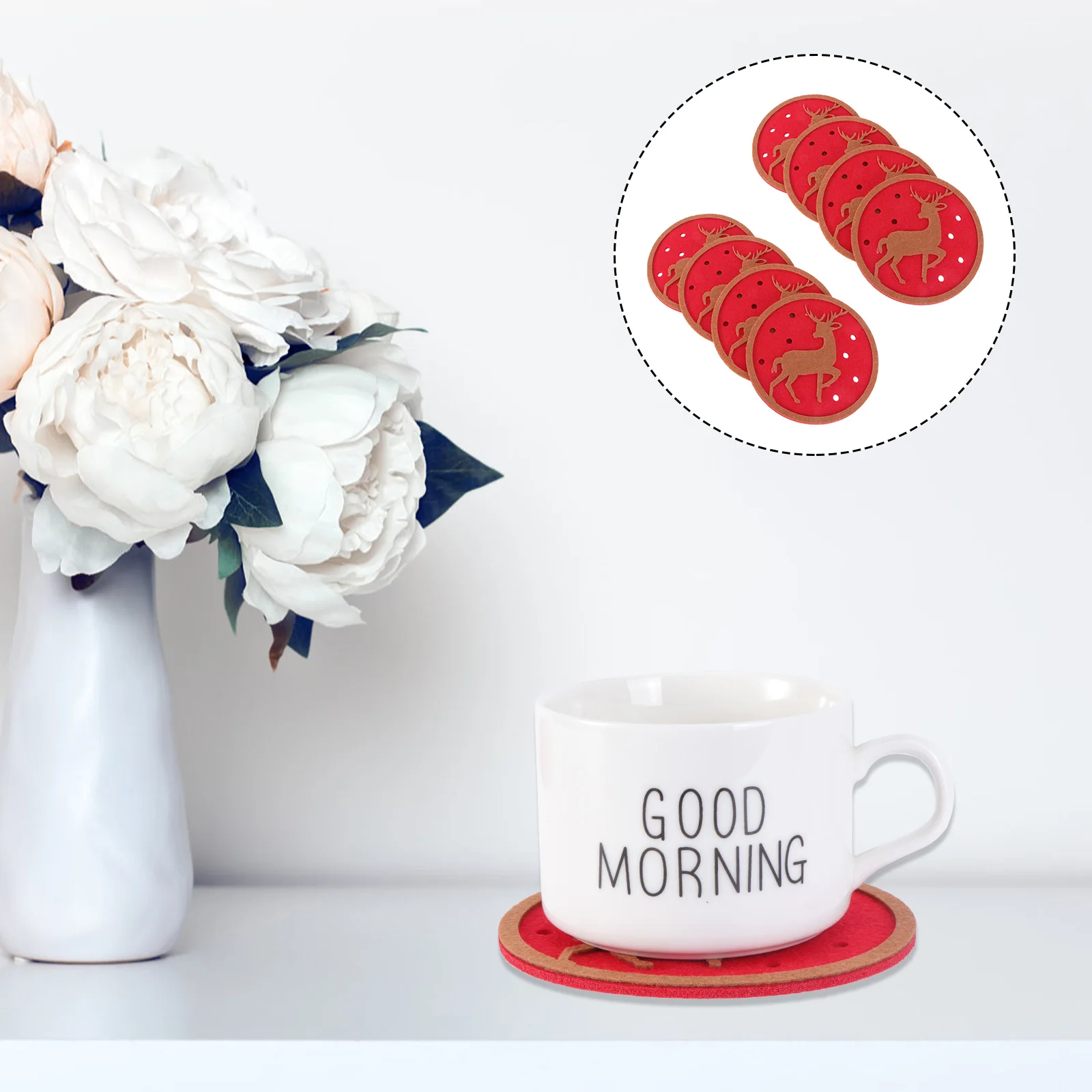 

10 pcs Elk Shaped Coasters Round Felt Fabric Christmas Drink Mats Non Slip Heat Resistant Table Placemats for Home Bar