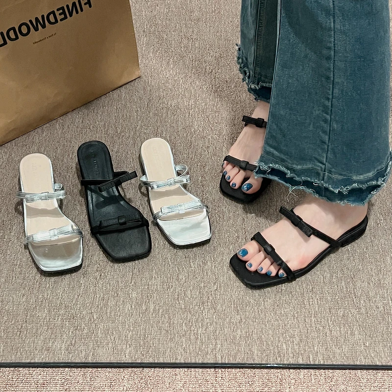 

Women's Summer Slippers Fashion Open Toe Dress Thick Heel Slides for Outdoor Butterfly-knot Footwear