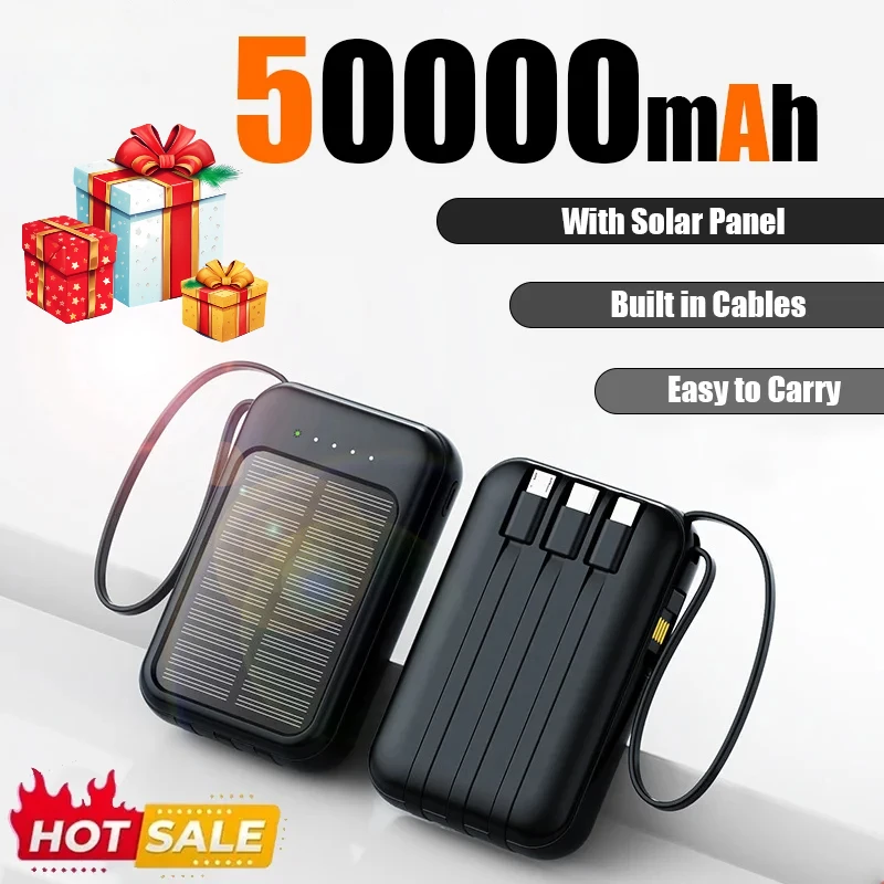 

50000mAh Solar Power Bank with Cables Fast Charging 2 USB Ports External Battery Charger Cases with LED Lights for iPhone Xiaomi