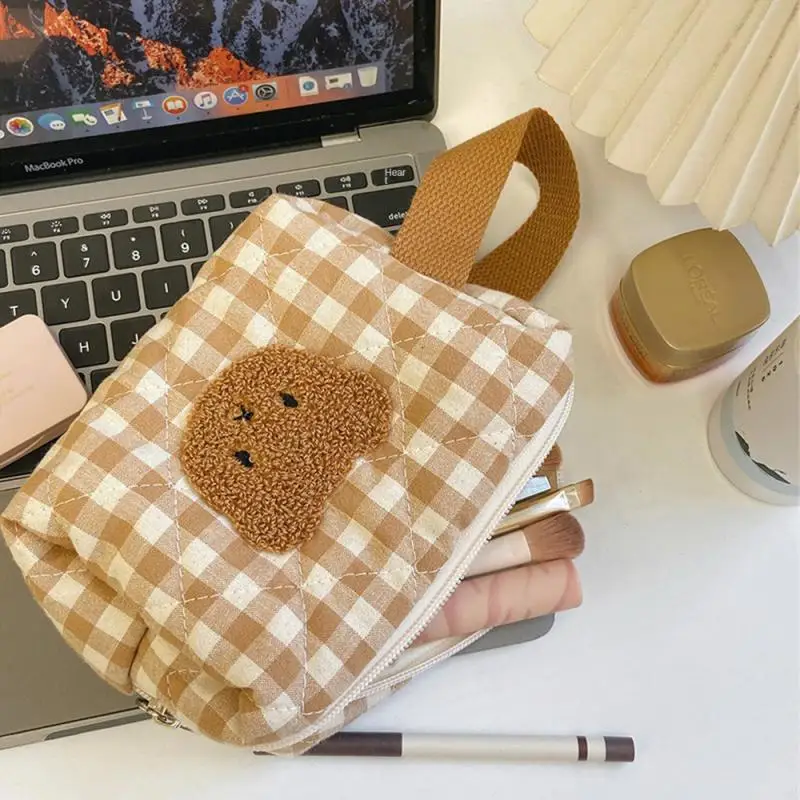 Case Bags Checkerboard Lattice Multifunctional Household Organization Storage Cosmetic Box Cute Bear Women 2023 Pen Bag Portable