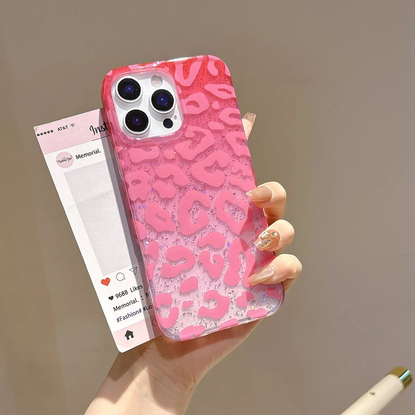 الحرارة تنقش ليوبارد طباعة جراب هاتف آيفون 17 16 15 14 13 برو ماكس بريق الترتر 16 برو 17 برو جراب هاتف الصلب 15Pro غطاء