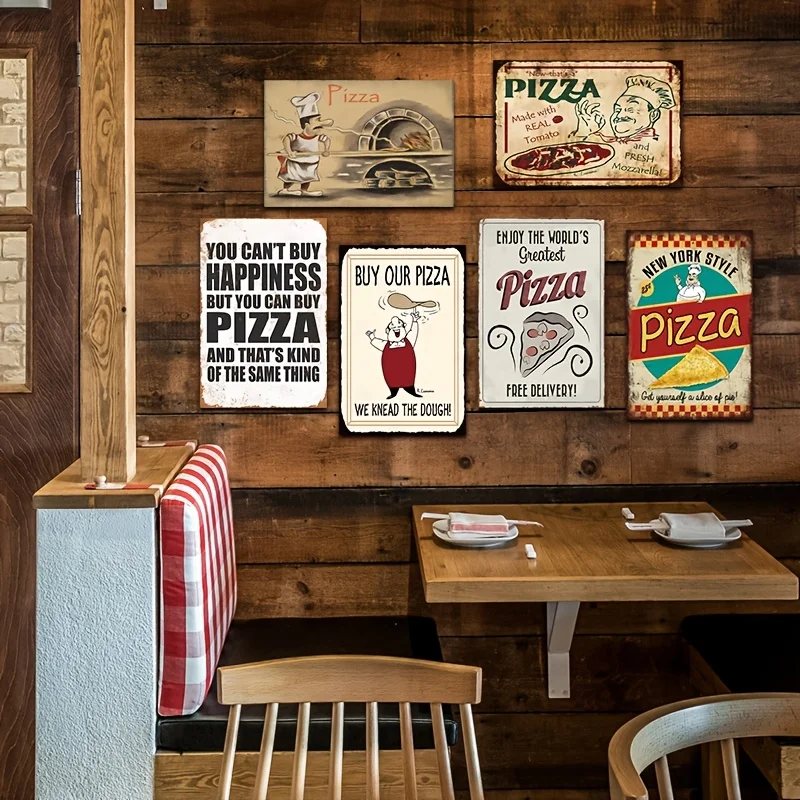 2D Flat, 2D Flat, 6pcs Set Vintage Pizza Theme Wooden Signs, - Rustic Style Wall Decor, Suitable for Home, Bar, Restaurant - Hom