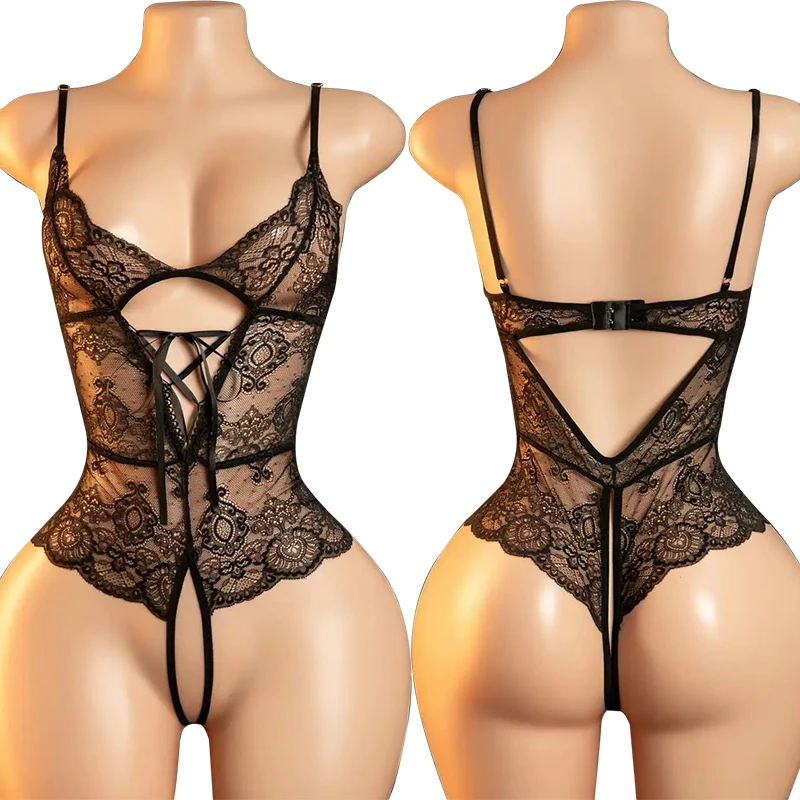 Porno Underwear For Women Lace Transparent Bra Set  Costumes Deep V Neck Bra Open Crotch Babydoll Dress  Lingerie Set