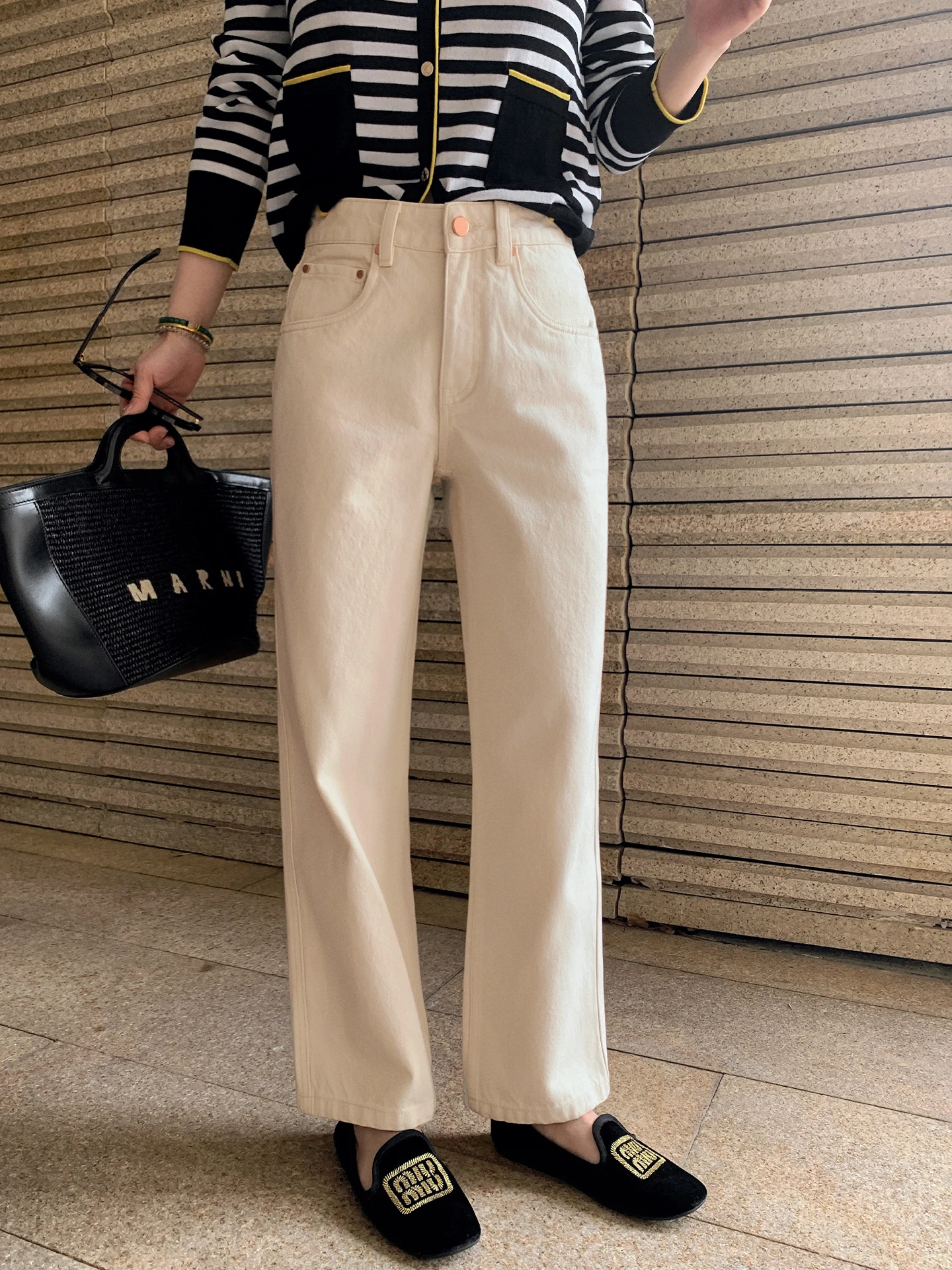 

Liberlin Sisy Straight Leg Jeans Loose Fit Diagonal Texture White Versatile Women's Winter Spring Standard Waist Button Closure