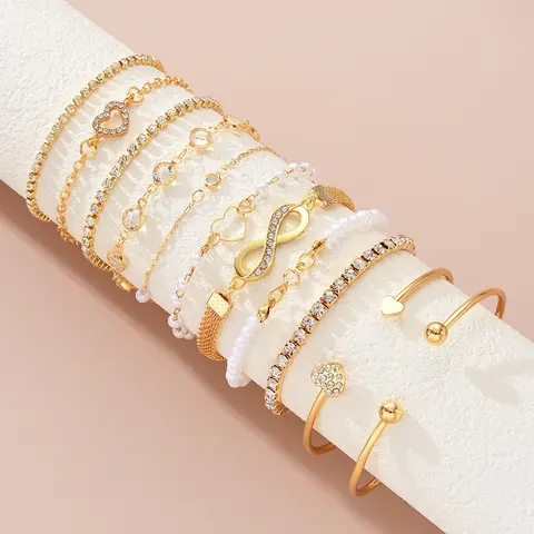 11 Uds. De pulseras bohemias con forma de corazón de cristal y perlas para mujer, pulseras Vintage elegantes de Color dorado, conjuntos de joyería para vacaciones