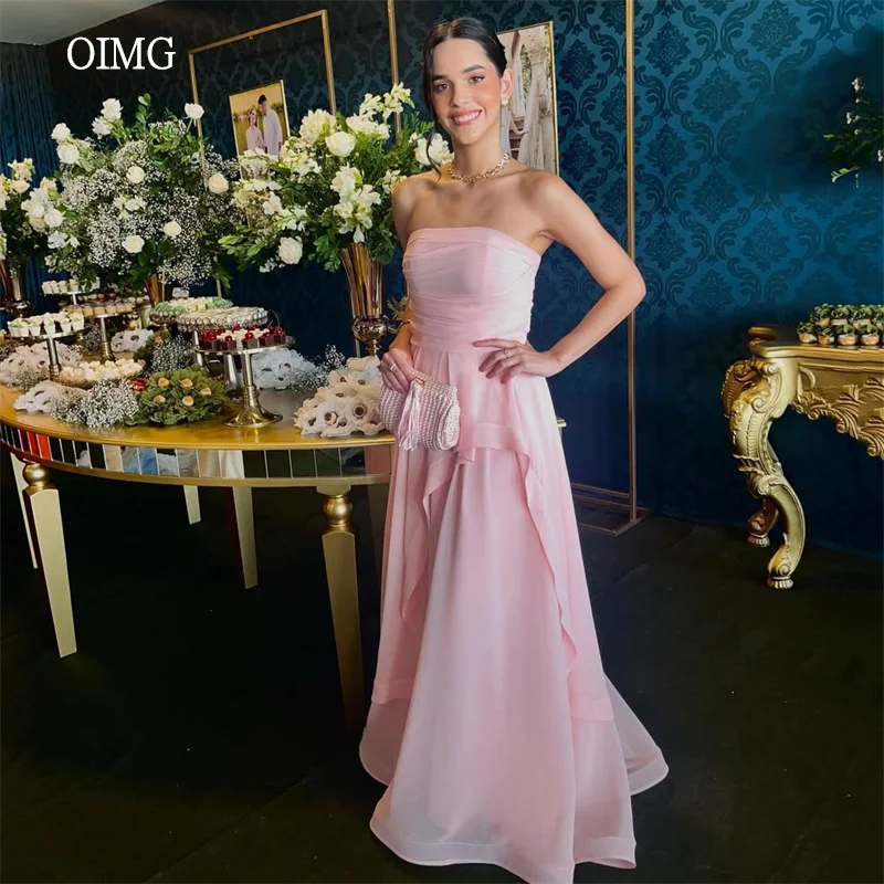 

OIMG Dreamy Pink Strapless A Line Prom Gowns Backless Pleated Party Gown Floor Length vestidos de gala Evening Dress Customized