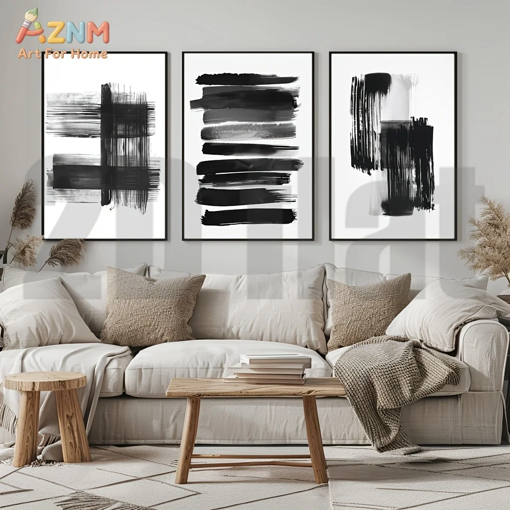 AZNM Minimalist Black and White Abstract Canvas Wall Art, Modern Brush Stroke Geometric Print Poster, Unframed Single Piece Deco