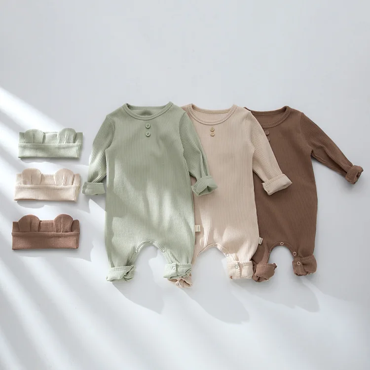 Newborn Boy Romper New Ins Spring Autumn Solid Long Sleeve Exterior Cotton Horn Button Infant Boys Jumpsuit Newborn Boy Bodysuit