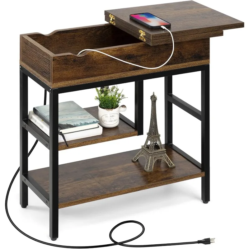 

Side Table with USB Ports and Outlets, Narrow Sofa End Table with Storage Shelf for Small Spaces, Bedside Table Nightstand