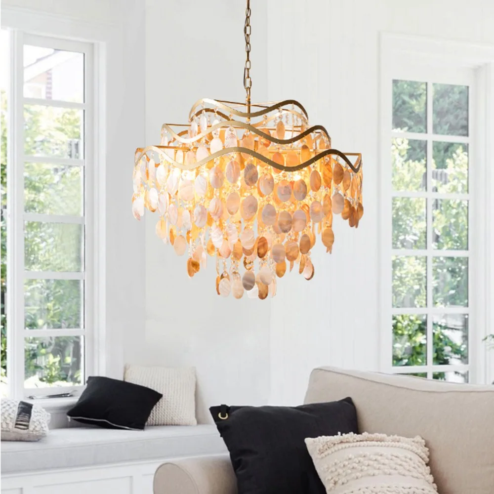 

Luxury Shell Hanging Lamp for Ceiling French Living Room Pendant Light Bedroom Crystal Chandelier Home Decorations Lustre LED