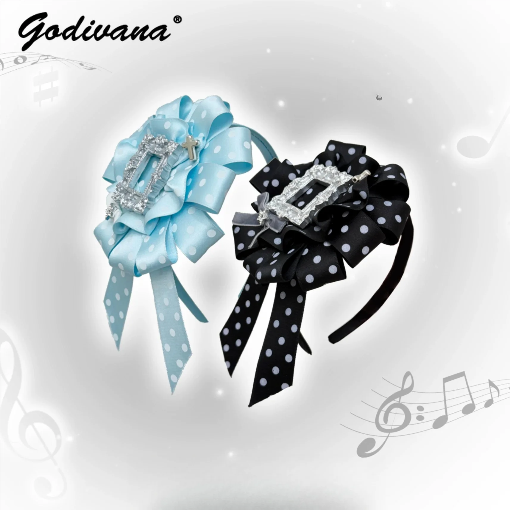 Original Brooch Headband Sweet Cute Female Girls Vintage Hairband with Ribbon Court Style Subculture Polka Dot Hair Accessory