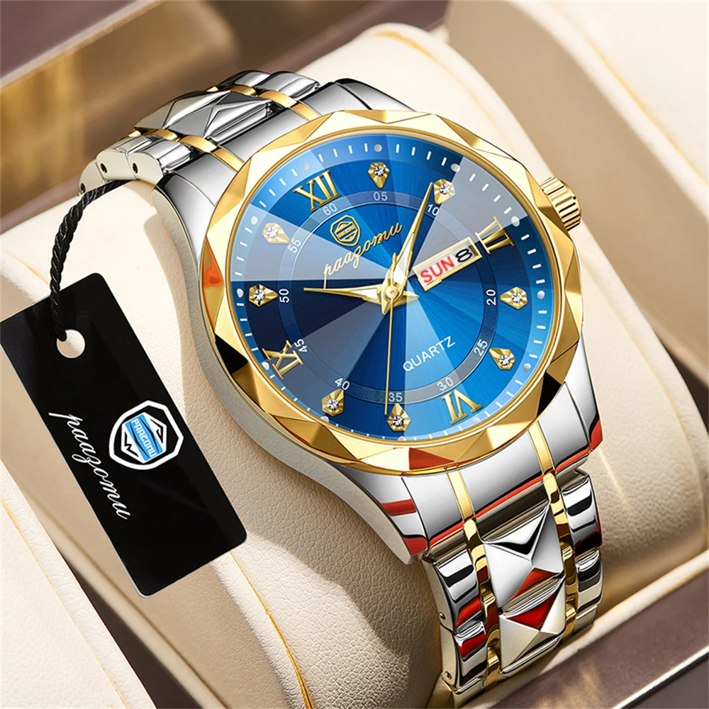 PENGAGAR Luxury Men Watches Business Top Brand Man Wristwatch Waterproof Luminous Date Week Quartz Men's Watch High Quality+Box