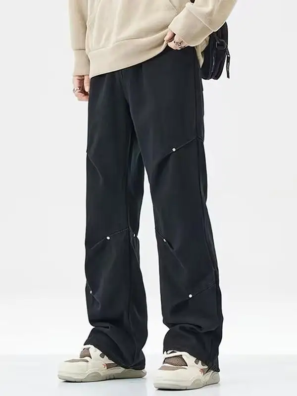 

American Sle Bla Rivet Jeans Men's Cleanfit High Street Casual Pants Trendy Loose Straight Leg Wide Leg Long Pants