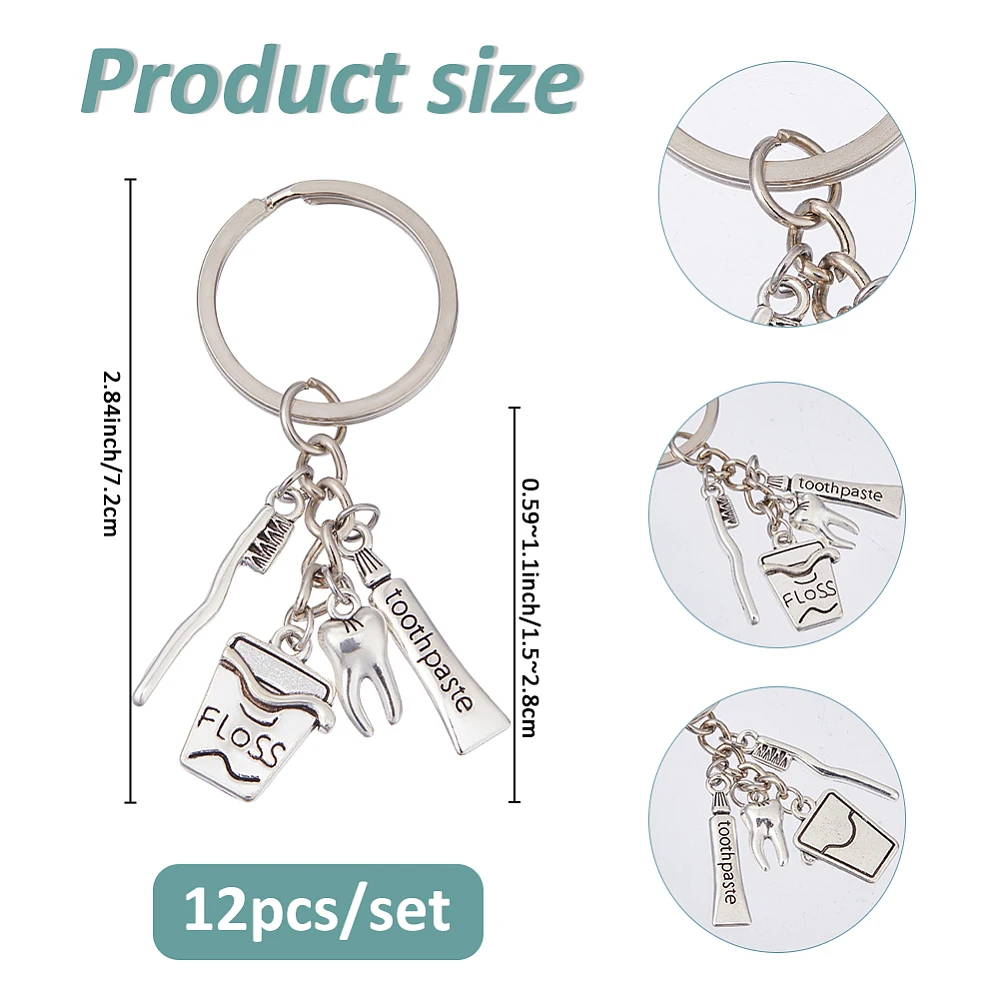 12Pcs Dental Assistant Gift Keychain Teeth Care Alloy Keychains Dental Hygienist Gifts for Women Men Dentist Dentals Assistant