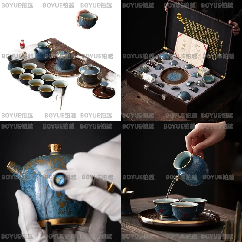 High-end Jun porcelain kiln-changed glaze Kung Fu tea set, Chinese-style teapot home office meeting guests, a complete set of