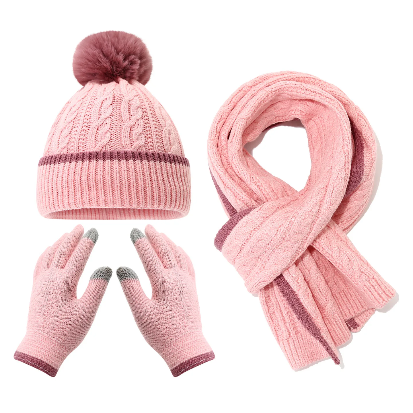 Kids Winter Knit Hat Scarf Gloves Set 3 Piece Fleece Lined Color Block Striped Trim Pom Pom Beanie