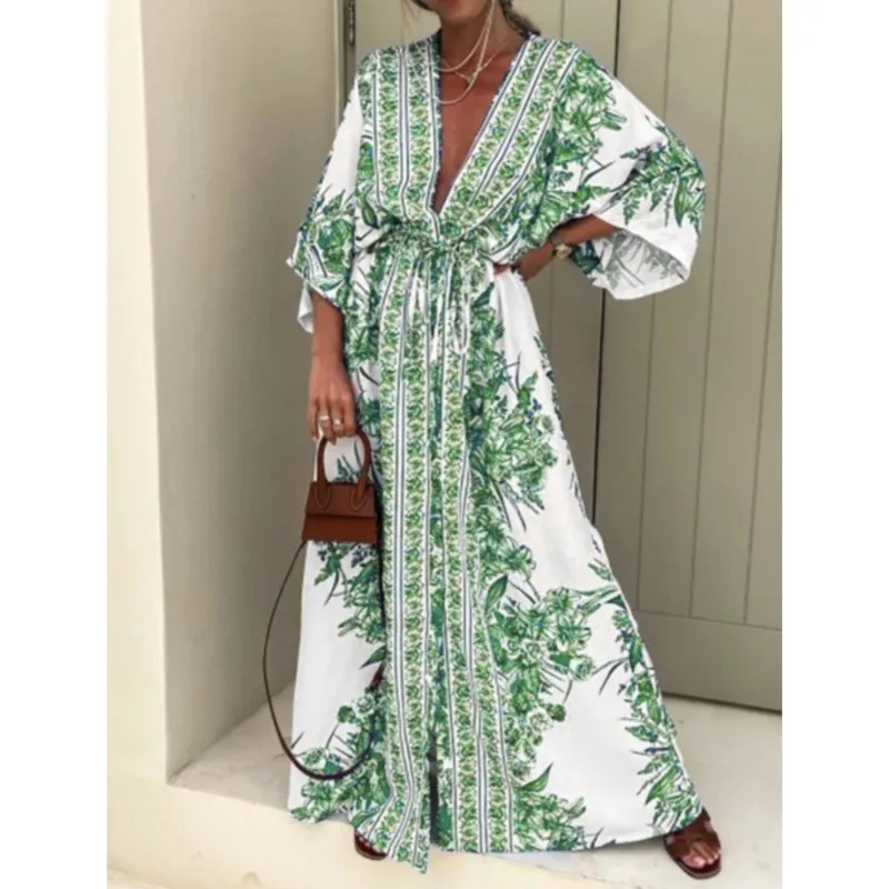 Women Boho Deep V Neck Waist Drawstring Long Dresses Spring Printed Vintage Maxi Dress Summer Short Sleeves Loose Beach Vestidos