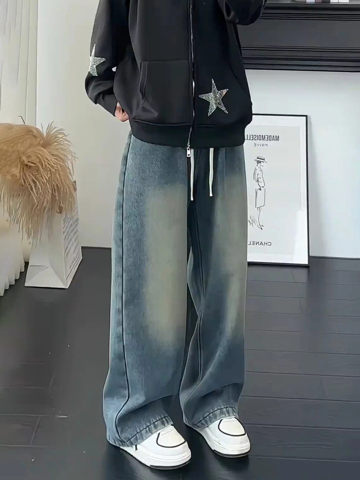 

Мужские повседневные брюки American Sle Fce с широкими штанинами и шнурком, свободного кроя, прямые джинсы из смесового хлопка для осени и зимы