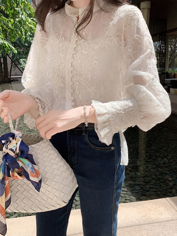 

MeiYang Floral Embroidery irt Svel Long Sve Stand Collar Netting Upper Body Summer 2025 Pure Color Loose Fit