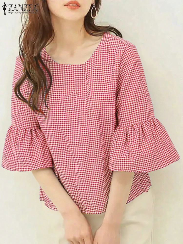 

ZANZEA, женские стильные блузки в мелкую клетку, осень 2022, повседневные топы с круглым вырезом и расклешенными рукавами 3/4, повседневная одежда, 4 цвета, S-XXXL, оптовая продажа