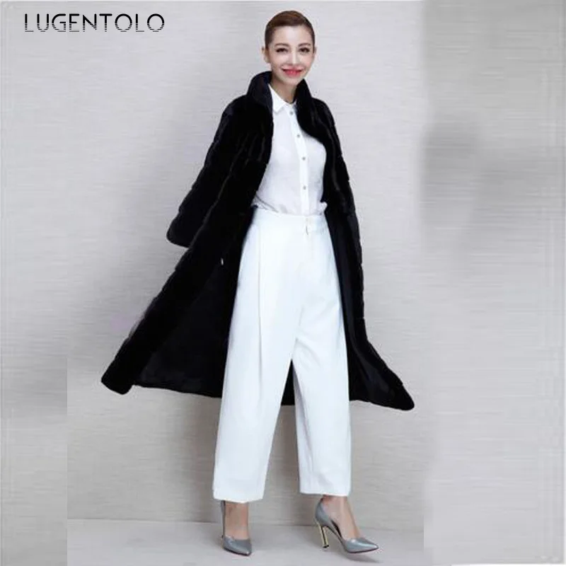 Casaco de pele sintética com gola de suporte para mulheres, outwear longo feminino, pano preto, elegante e elegante, qualidade, quente e novo, 2023, outono e inverno