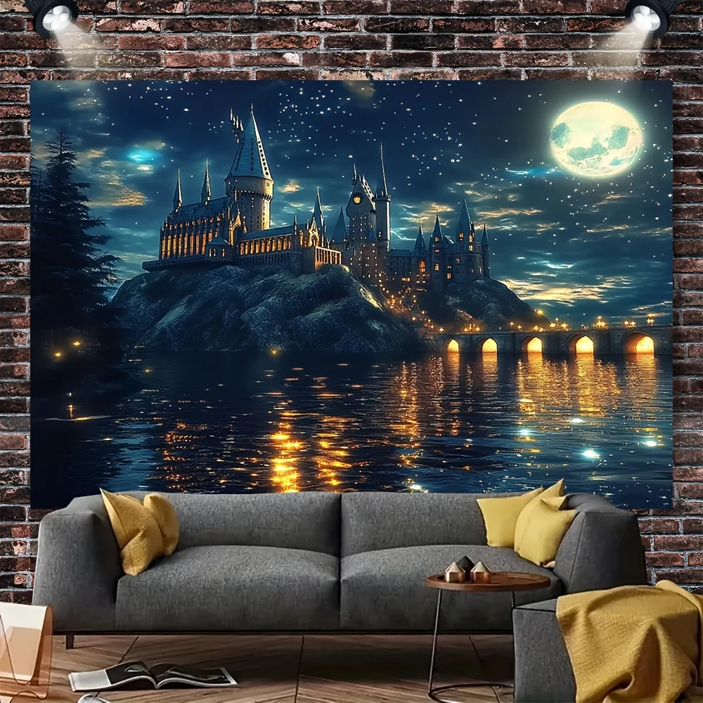 نسيج القلعة المسحور - مشهد ليلي سحري مع قمر وبحيرة لديكور المنزل والجمال الجمالي، مثالي لأي غرفة