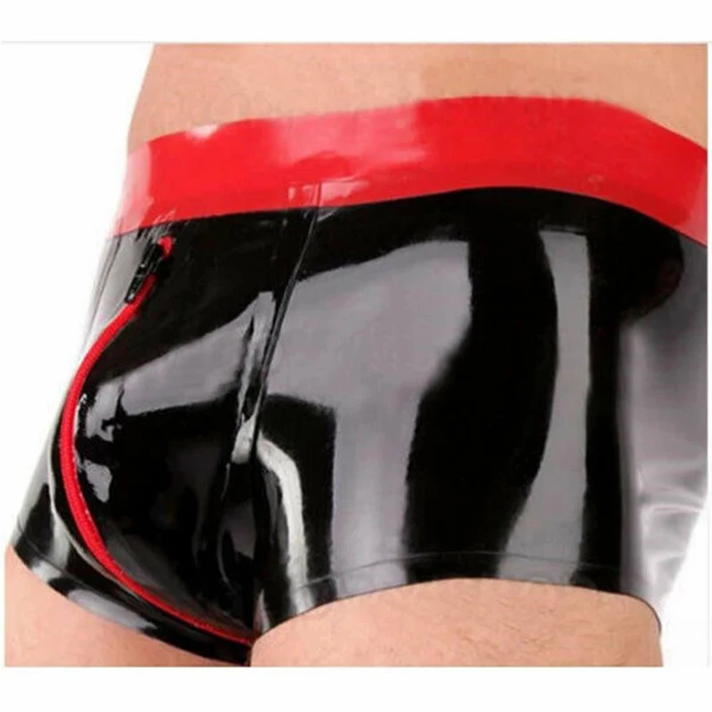 Latex Panties Boxer Men Rubber Shorts Black with Red Front Zipper Tight Underwear