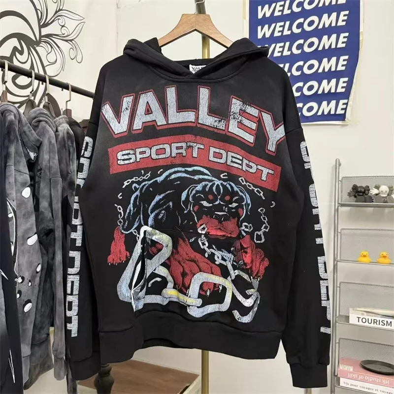 كبير الكلب طباعة VALLEY رجل هوديس غسلها الأسود القطن الخالص الأمريكية الهيب هوب فالي المتضخم مقنعين بلوزات