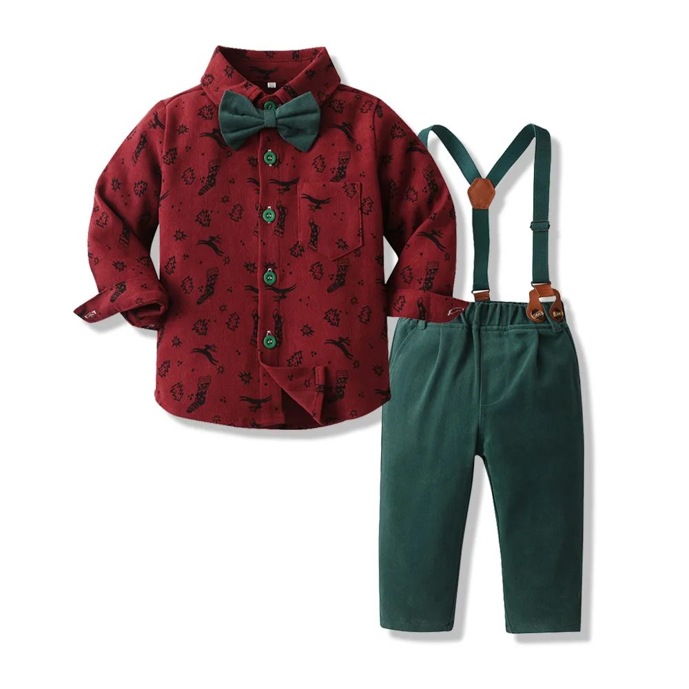 New Cross border Autumn Children's Wear Set Cotton Long sleeved Shirt Strap Pants Christmas Dress