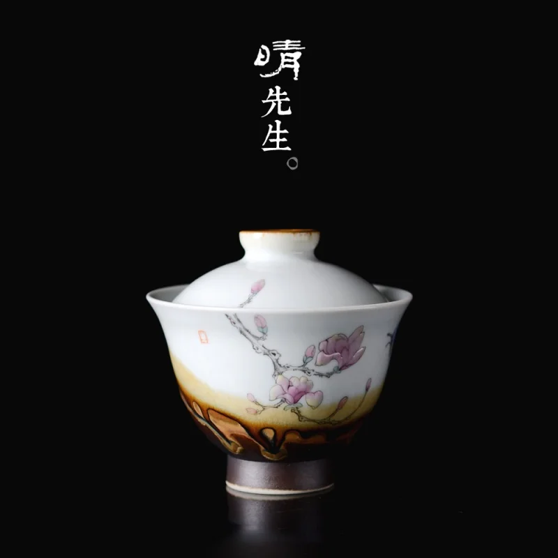 

Jingdezhen Hand-Painted Sancai Gaiwan Tea Cup Handmade Firewood Color Porcelain Porcelain Tea Brewing Anti-Scald Pink Begonia Te