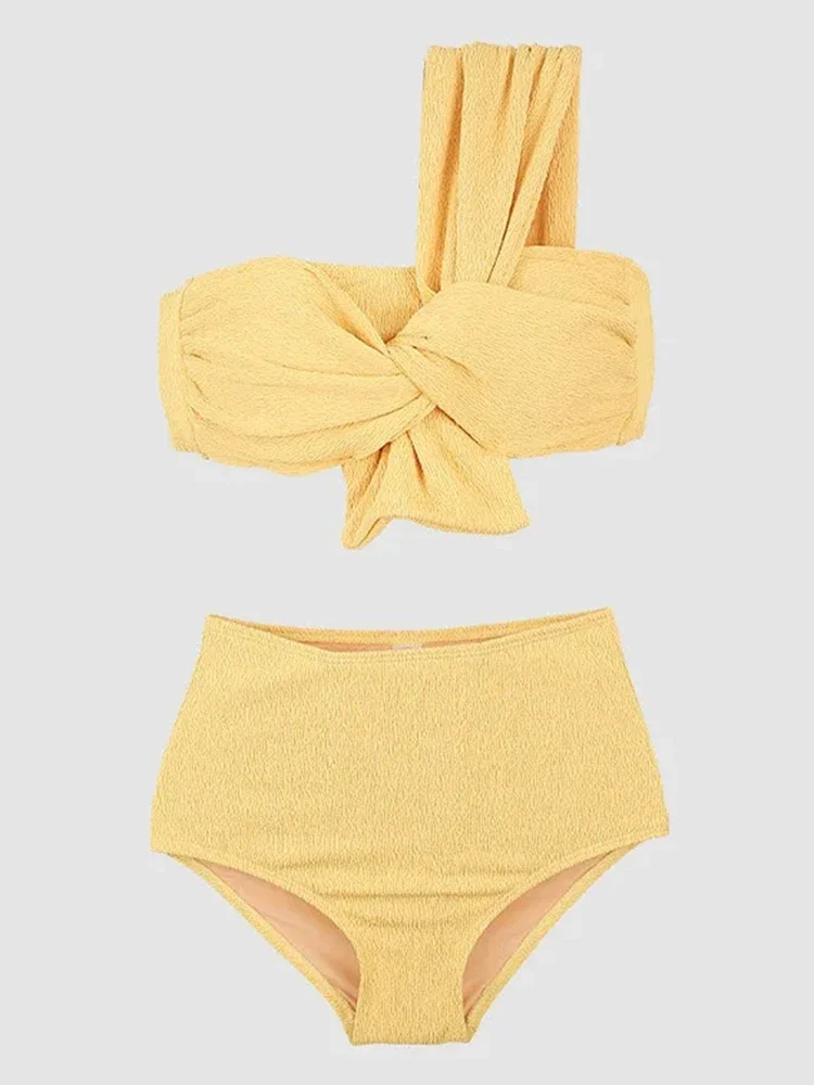 OIINAA Swimwear Women Sexy One Shoulder Bikini Set Solid Color Swimsuit Summer Bow Tie Biquinis Two-pieces Female Bathing Suit