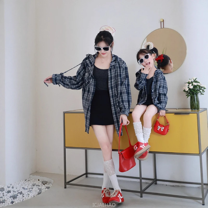 Teen Girl Clothes Korean Style Mother Daughter Outfits Fall New Plaid Lace Hooded Shirt Mommy and Girl Family Couple Clothes