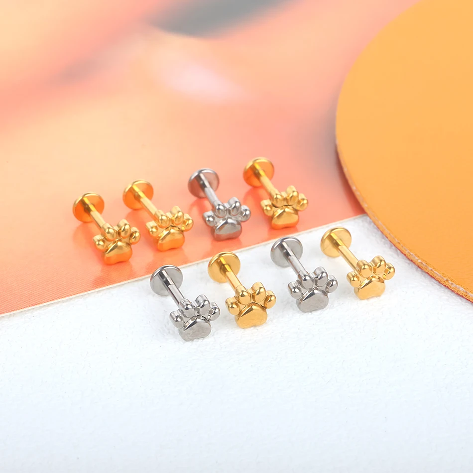 Implant Grade ASTM F136 Titanium Labret Piercing Lip Rings 16G Puppy Paw Internally Threaded Tragus Cartilage Helix Piercings