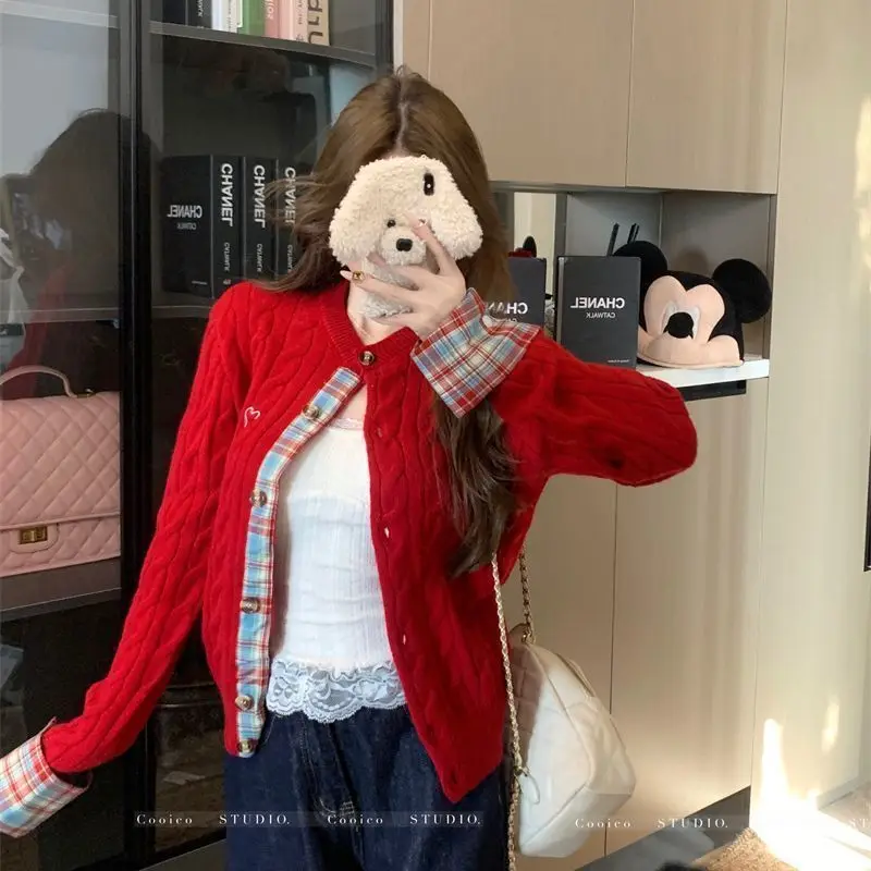 

Gagarich Embroidered Red Patchwork Plaid Sweater Cardigan Women Winter College Long Sleeved Knitted Jacket Christmas Outfit Top