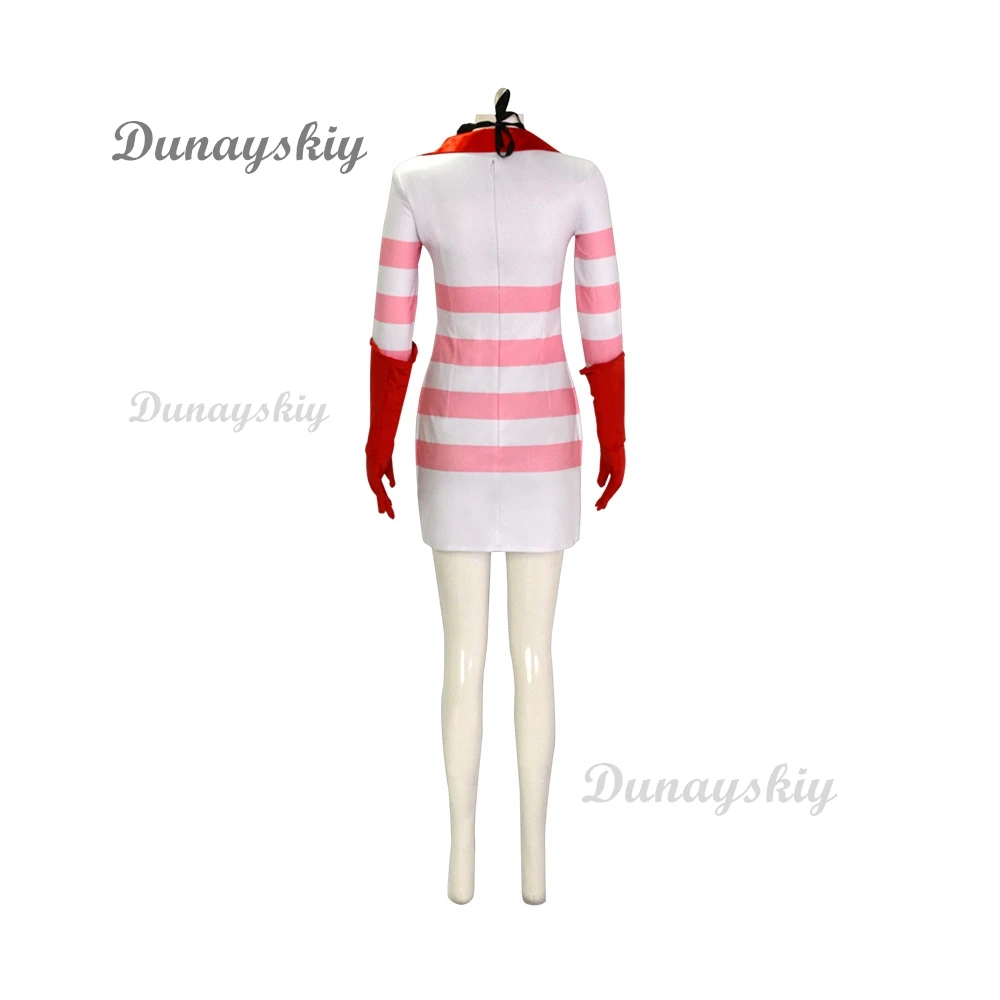 Anime Angel Dust Cosplay disfraz peluca Dust Angel Sexy Dress Red White Stripe Clothes calcetines para fiesta de Halloween para mujer