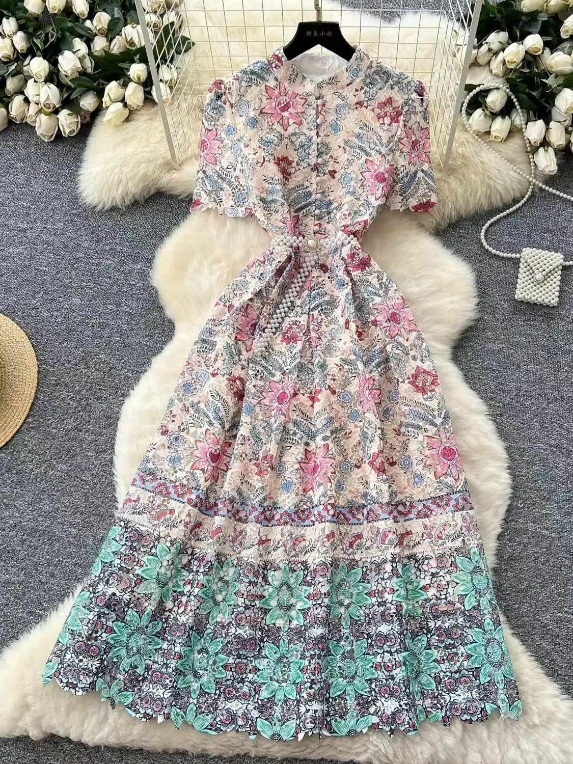 

High end Elegant Dress For Women Summer Fashion Short Sleeve Tunic Hook Flower Hollow Lace Long Dress Light Luxury Evening Dress