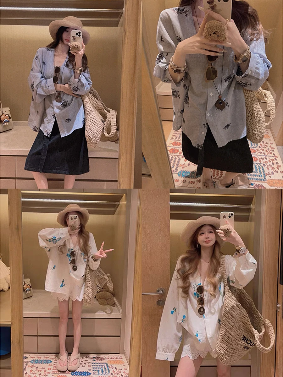 

Рубашка Yukiss Double Version с длинным рукавом, в полоску, с вышивкой белых цветов, женская, премиум-качество, с растительным цветочным узором