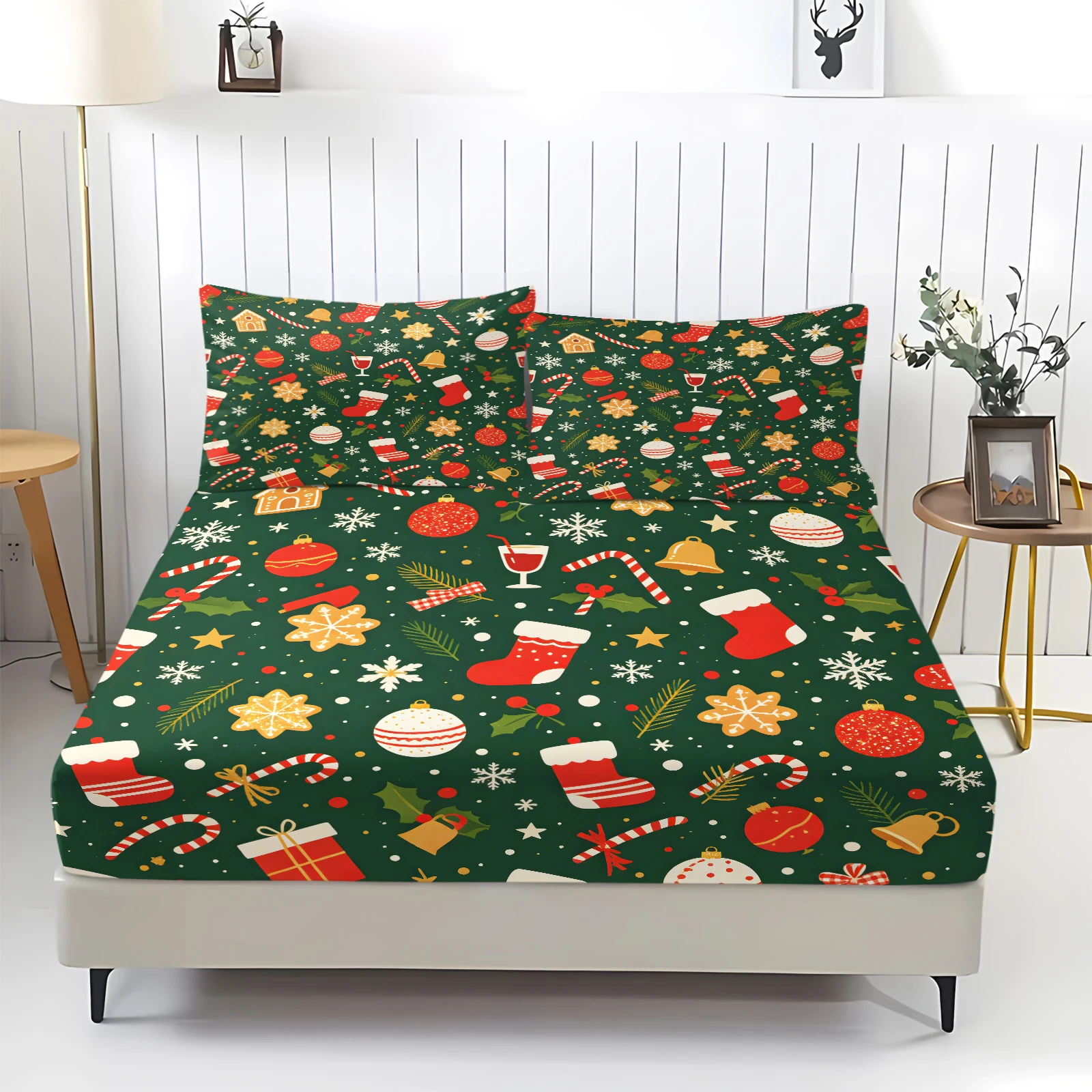 Christmas Fitted Sheet Set Dark Green Xmas Stocking Snowflake Print Mattress Cover with Pillowcases All-around Elastic Bedding