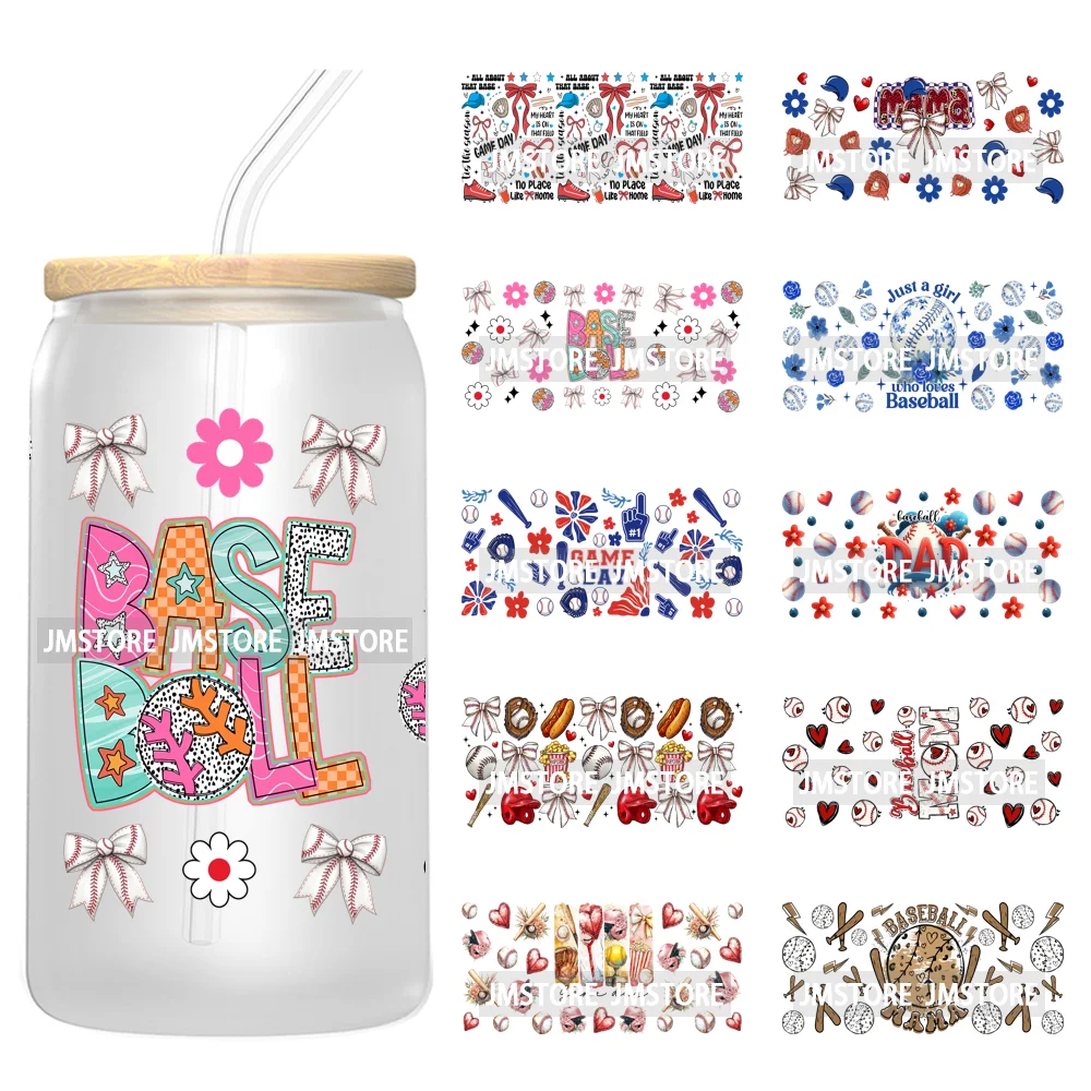 

Vintage Coquette Bow Baseball Mom Game Day Sports 16OZ UV Cup Wrap Transfer Stickers Waterproof For Libbey Glass Can Tumbler Cup