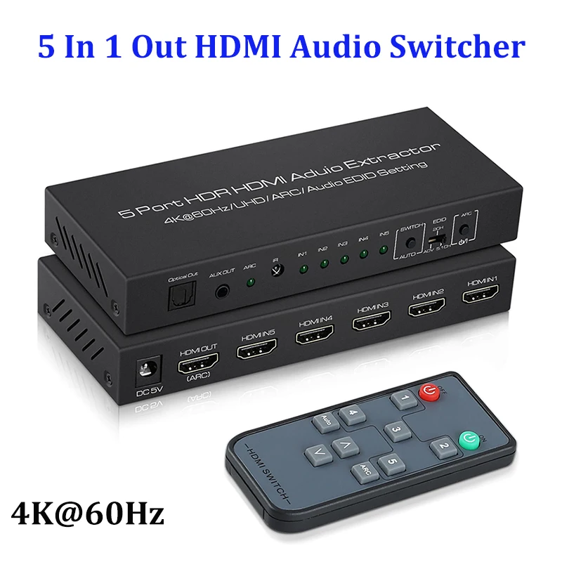 HDMI 오디오 선택기 스위치 박스, 오디오 추출기 포함, 4K @ 60Hz, 5x1 출력, 원격 지지대 HDR10 ARC 18Gbps