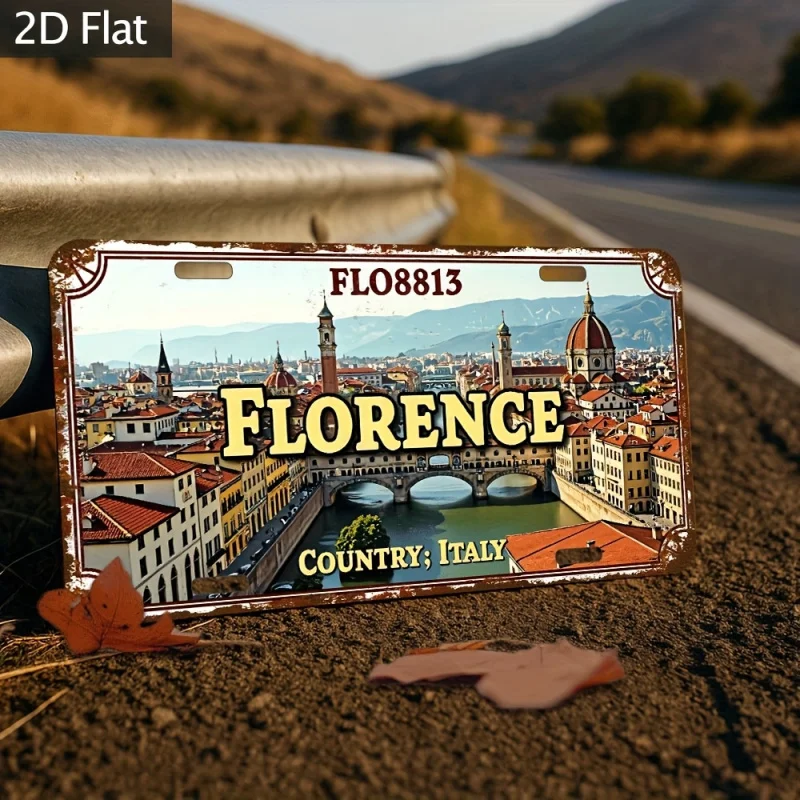 HD Aluminum Print, Vintage Florence Italy Duomo Santa Maria del Fiore Ponte Vecchio Skyline Retro License Plate Design Wall Art,