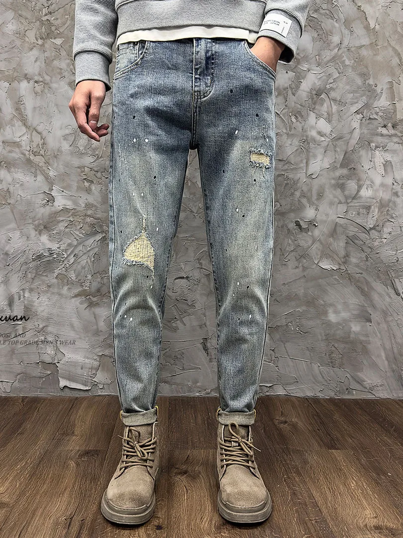 

Retro Distred Paint Splatter Hole Small Foot Jeans Men's New Korean Version Trendy Slimming Elastic Casual Pants