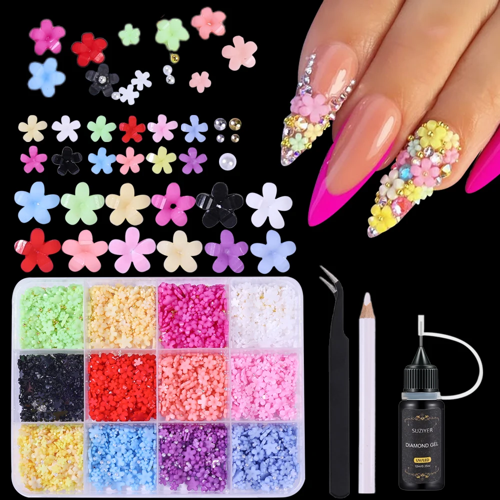 

3D Flower Nail Charms Set with Tweezers Nail Rhinestone Gel Acrylic Flower Nail Parts Caviar Beads Pearls Manicure Accessories