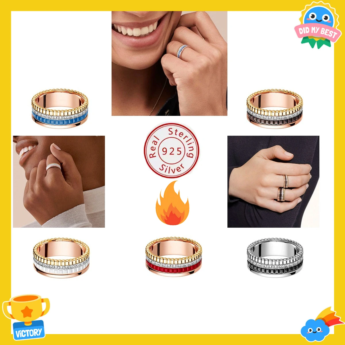 

2025 Popular Trend Pure Silver Rotatable Ring, Star Matching Colorful Rhinestone Couple Jewelry, Men's and Women's Fashion Ring