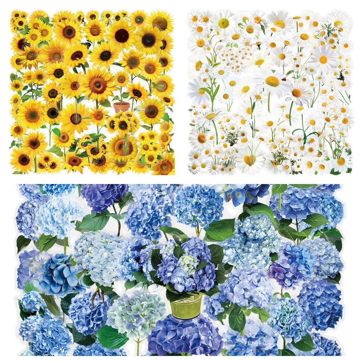 150 Stück MIX Hortensien, Sonnenblumen und Gänseblümchen-Graffiti-Aufkleber, kleine frische Blumen, Pflanzendekoration, Schreibwaren, Notizbuch, Kunststoffaufkleber