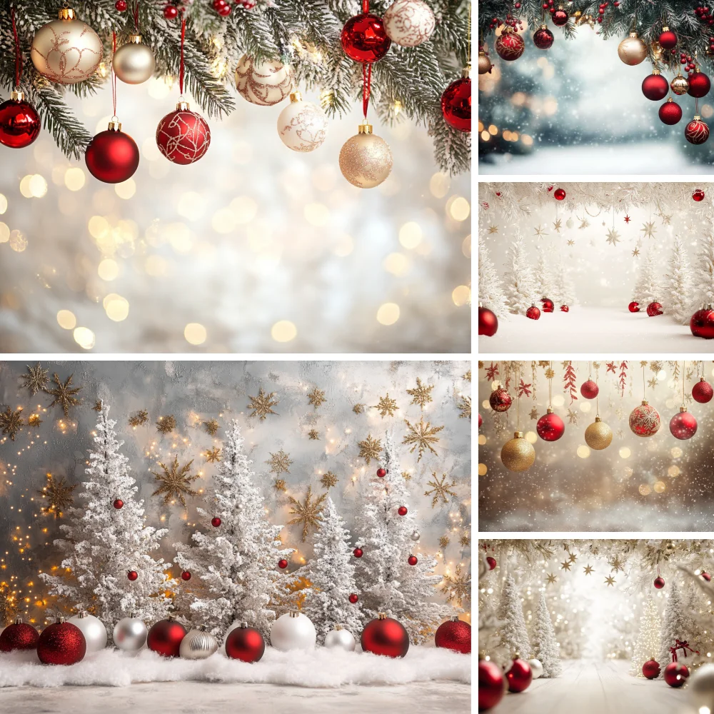 

Golden Christmas Wonderland Forest Background Photography Red Xmas Balls Snowflake Backdrop Winter Kids Birthday Photo