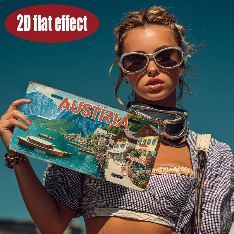2D Flat - [2D Flat] 1pc 2D Flat Vintage Metal Tin Sign | Austria Flag, 30.48x15.24 cm, Outdoor Wall Decoration, Multipurpose Use