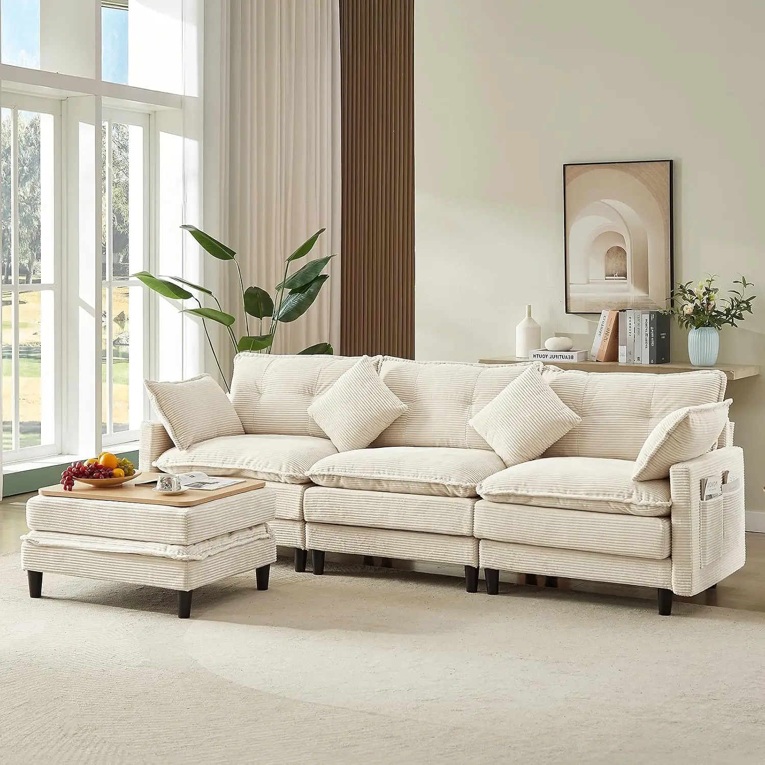 107.3'' Oversized Cloud Couch L Shaped Modular Sectional Sofa, Premier Comfy Corduroy Couch with Ottoman, Modern 3, Customized