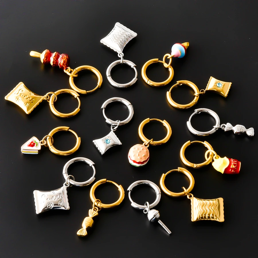 1Pair Cute Snack Food Charm Huggie Hoop Earrings Hamburger Fries Ice Cream Candy Lollipop Pendant Dangle Earrings Women Jewelry