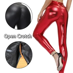 Woman Sexy Leather Open Crotch Leggings Flash Elastic Skin PU Panties Hidden Zipper Pants Crotchless Couple Outdoor Sex Panties